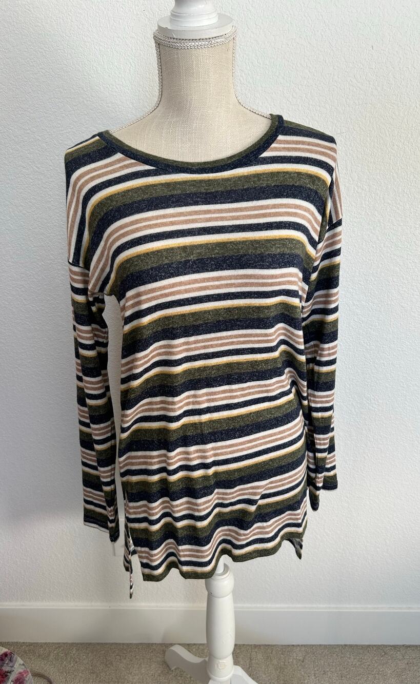 Bobeau Knit Striped High Low Tunic Sweater Top - M